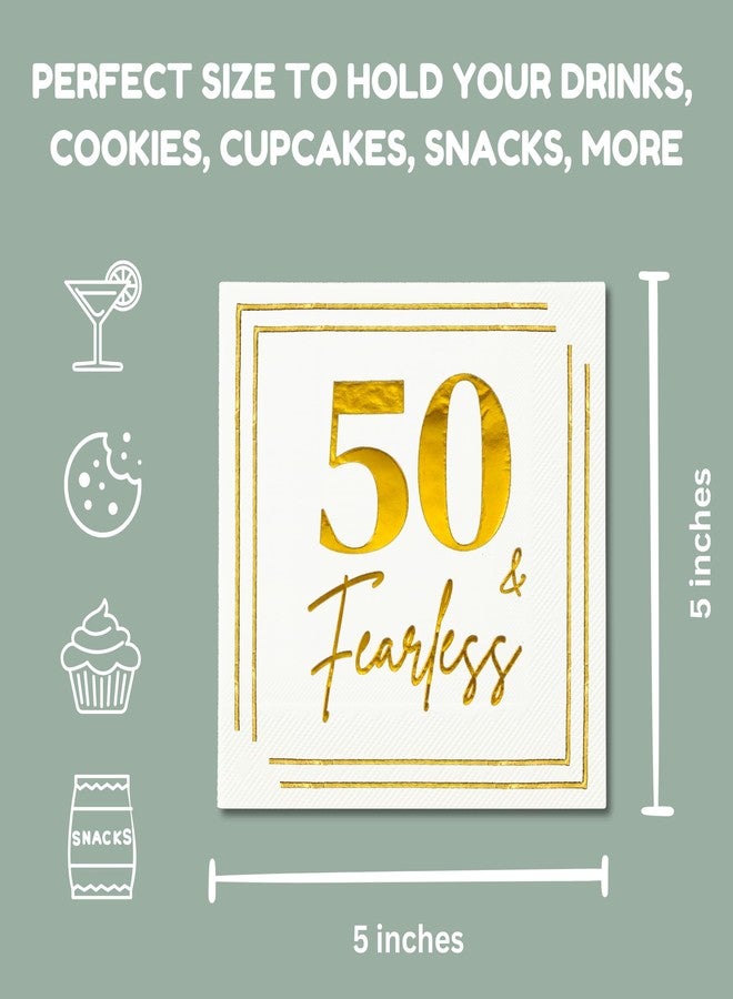 Cloverjoyed 50th Birthday Cocktail Napkins, Gold 50 Years Old Bday Party Decorations, "50 & Fearless" Disposable Paper Napkin Decor for Women & Men, Milestone Anniversary Celebration, Fabulous Gift Ideas, 50 Pack - Image 3